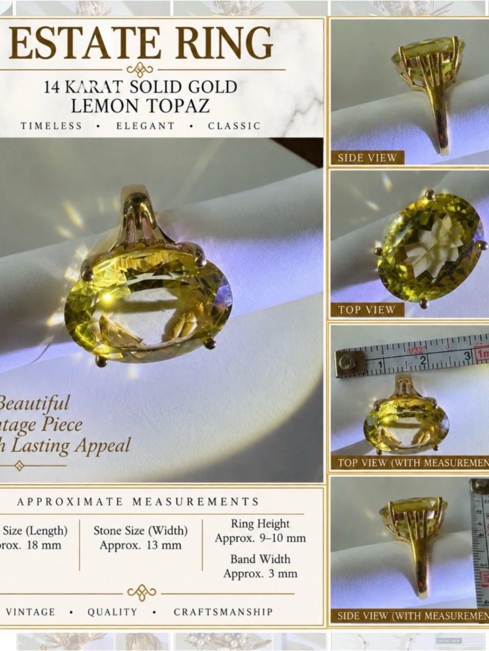 14K Gold Lemon Topaz Statement Ring - Bright Yellow Gem
